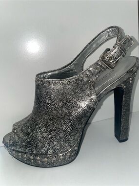 BCBG Silver Studded Peep-Toe Slingback Platform Heel Y2K